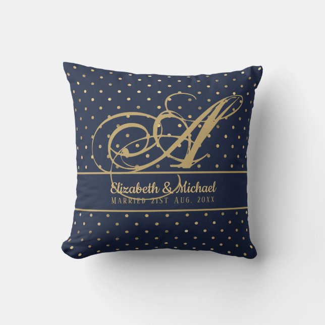 Monorgam Navy Blue Gold Punkt Newlyweds Wedding Kissen (Vorderseite)