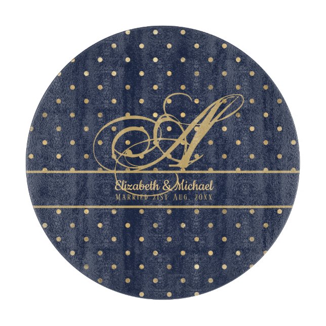Monorgam Navy Blue Gold Punkt Newlyweds Wedding Schneidebrett (Vorderseite)