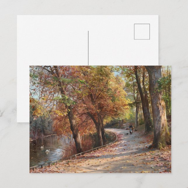 Monsted - Herbsttag, Schwäne, Frau, Hund Kunstkuns Postkarte (Vorne/Hinten)
