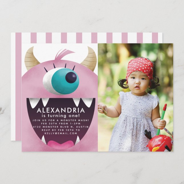 Monster Bash Pink Geburtstagsparty Foto Einladung (Vorne/Hinten)
