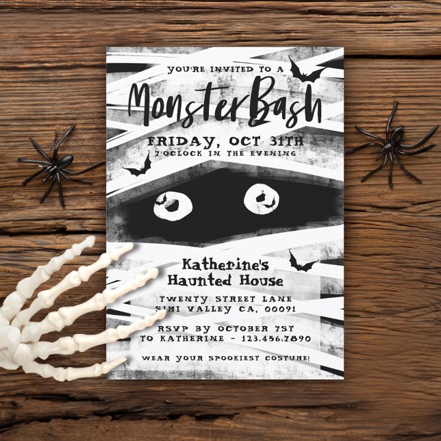 Monster Bash | Schwarz-Weiß-Mummy-Halloween-Party Einladung (Monster Bash | Black & White Mummy Halloween Party Invitation)