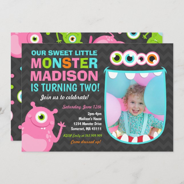 Monster Birthday Einladung Pink Monster Party (Vorne/Hinten)