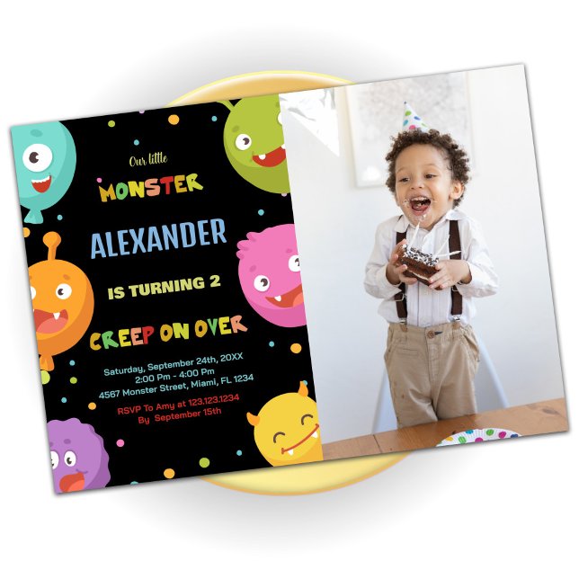 Monster Birthday Einladungen Balloons Schwarzes Fo (Monster Birthday Invitations Balloons Blacks photo)