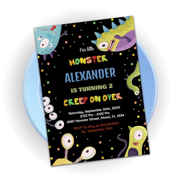 Monster Birthday Einladungen Dunkelgrünes Schwarz (Monster Birthday Invitations Dark Green Black)