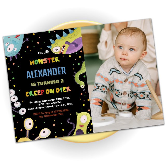 Monster Birthday Einladungen Green Black w Foto (Monster Birthday Invitations Green Black w photo)