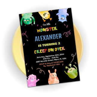 Monster Birthday Einladungen Green Orange Black