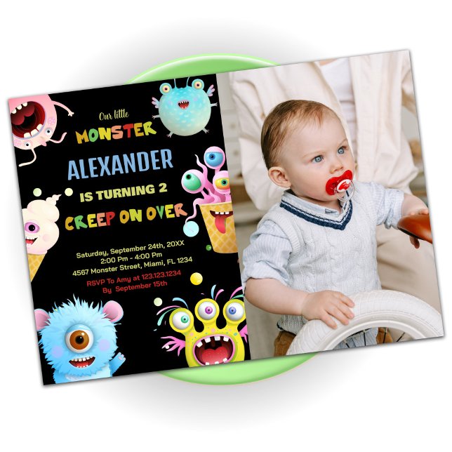 Monster Birthday Einladungen Schwarz mit Foto (Monster Birthday Invitations Black with photo)