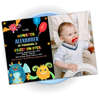 Monster Birthday Einladungen Schwarz mit Foto