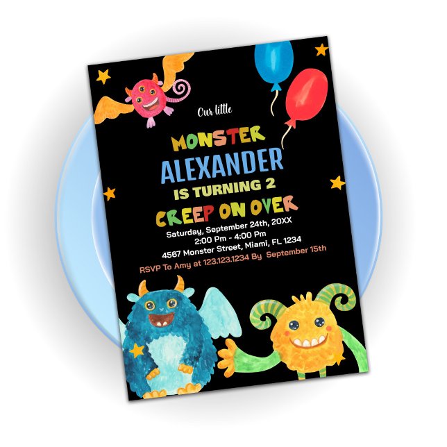 Monster Birthday Einladungen WasserFarbe Schwarz (Monster Birthday Invitations WaterColour Black)