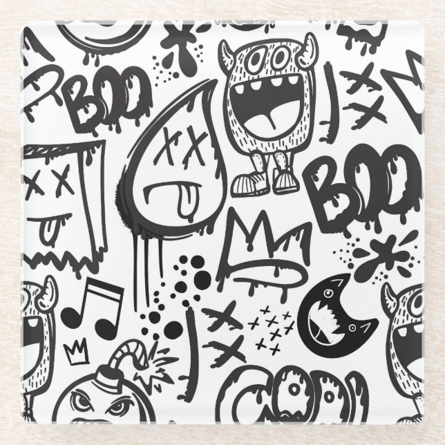 Monster Boys: Handgezeichnetes Muster Glasuntersetzer (Vorderseite)