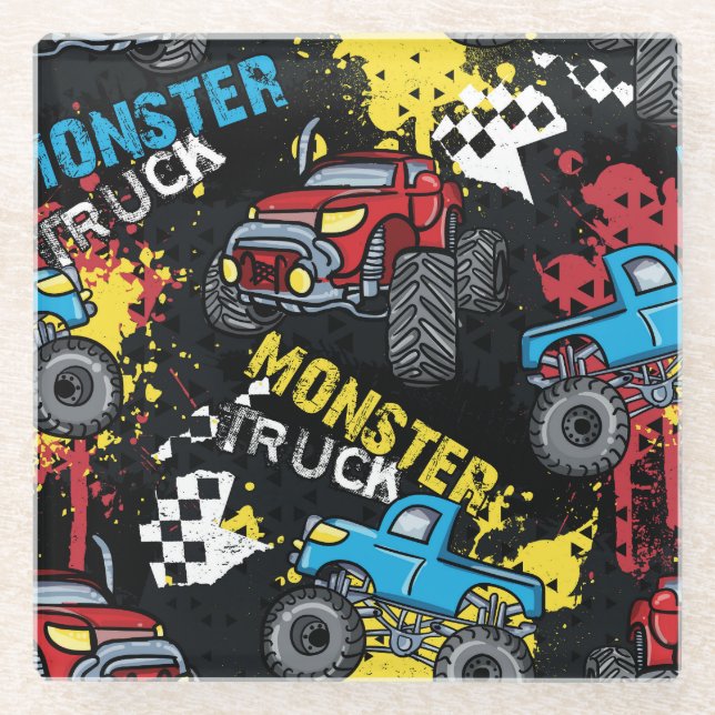 Monster Car: Abstraktes kindisch Muster Glasuntersetzer (Vorderseite)