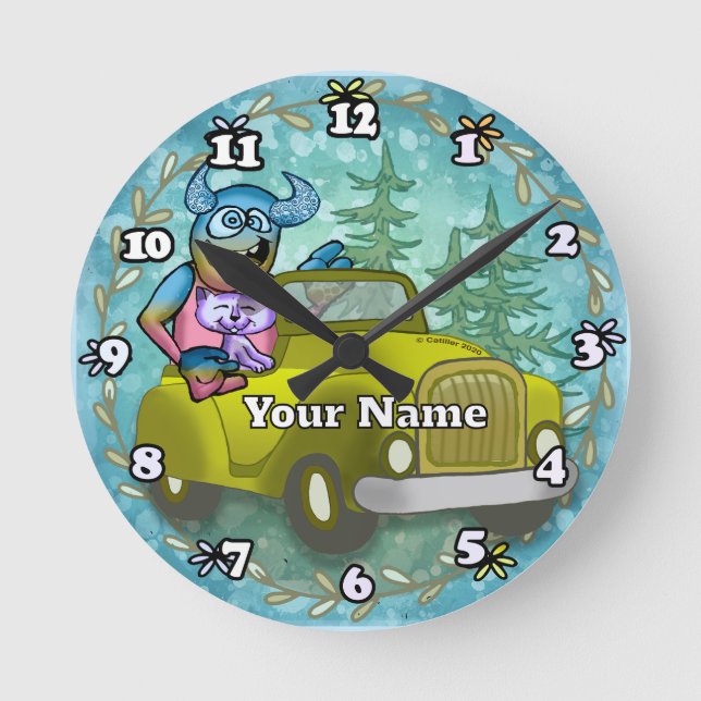 Monster Driving Car Runde Wanduhr (Vorderseite)