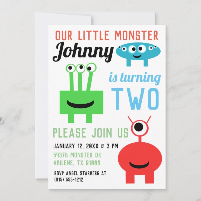 Monster Einladungen zur Geburtstagsparty - 3Monste (Vorderseite)
