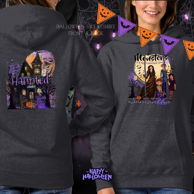 Monster-Familie im Spuk Haus vor und zurück Hoodie (Front & Back Haunted House Monster Family Hoodie)