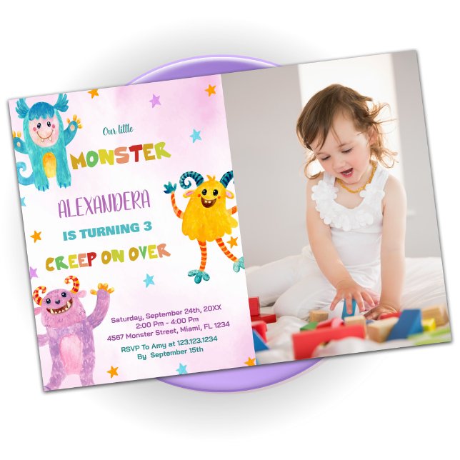 Monster Geburtstag Einladungen Rosa lila w Foto (Monster Birthday Invitations pink purple w Photo)