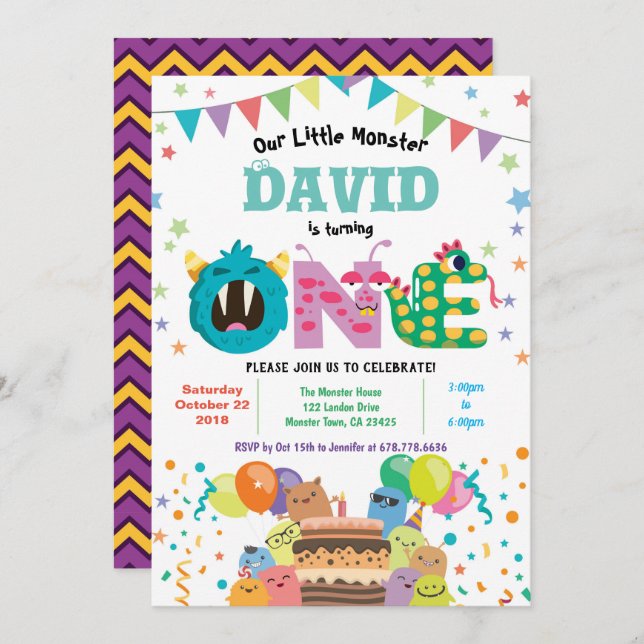 Monster Geburtstagsparty. Baby Junge 1. Einladung (Vorne/Hinten)