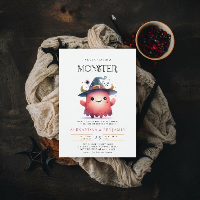 Monster Halloween Herbstmond Einladung (fall halloween baby shower invitation cute monster watercolor character coed couple october)