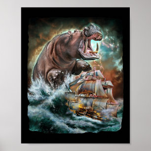 Monster Hippo als Kraken Angriff auf ein Kriegssch Poster