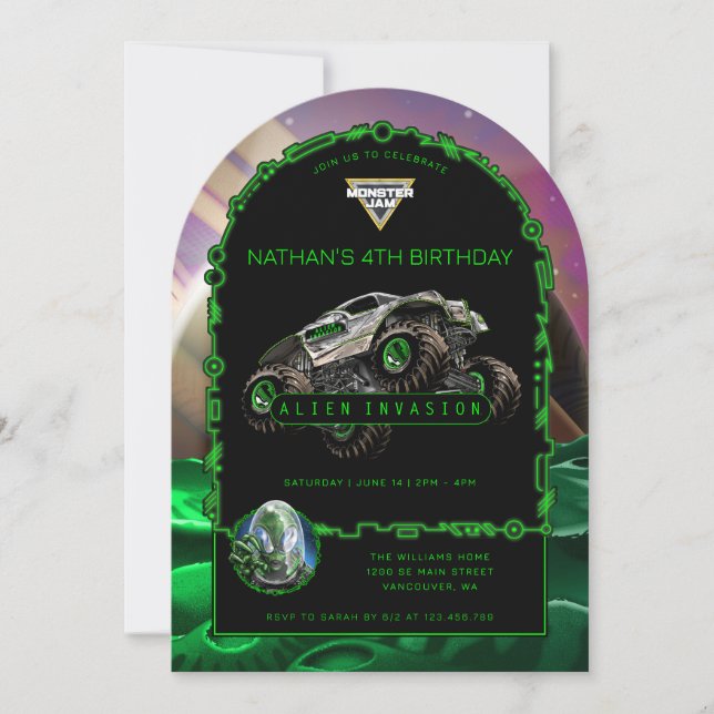 Monster Jam - Alien Invasion Geburtstag Einladung (Vorderseite)
