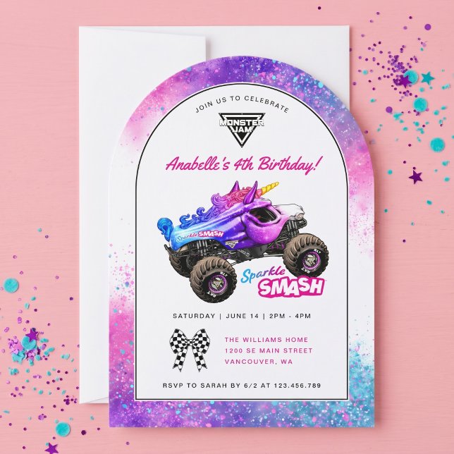 Monster Jam - Funkelnder Smash Geburtstag Einladung (Simulated invitation on table)