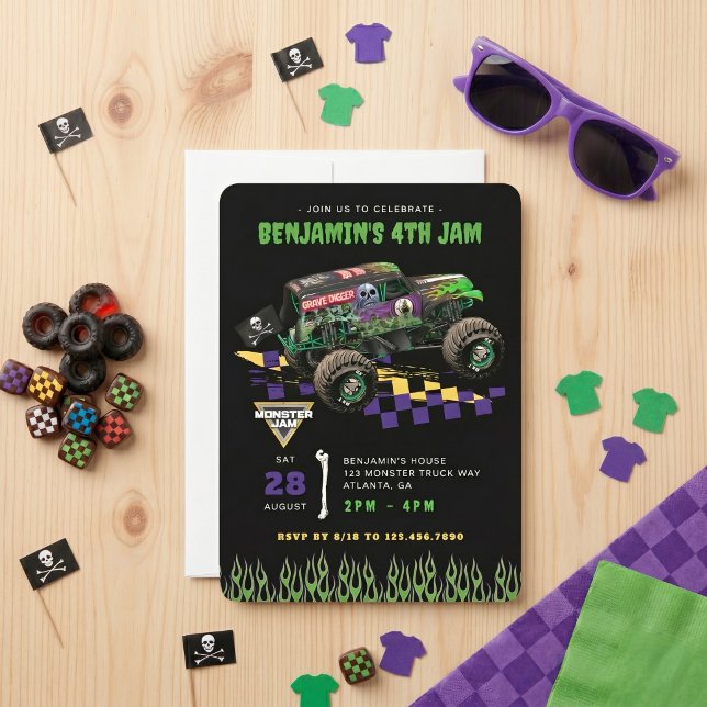 Monster Jam - Grave Digger Geburtstag Einladung (Simulated invitation on table)