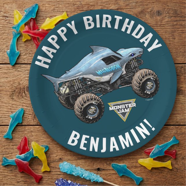 Monster Jam Megalodon Geburtstag Pappteller (Paper plate on simulated table)