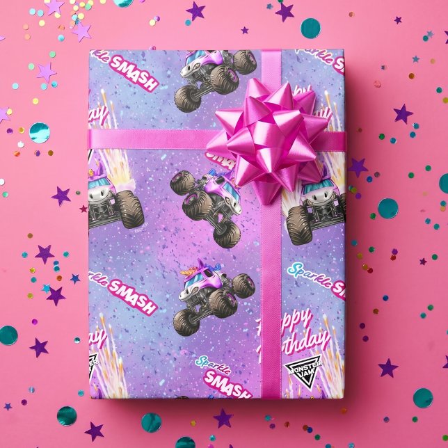 Monster Jam - Sparkle Smash Geburtstag Geschenkpapier (Simulated wrapped gift on table)