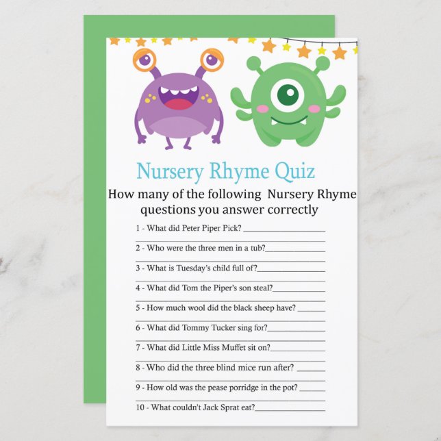 Monster Kinderzimmer Rhyme Quiz Babyduschenspiel (Vorne/Hinten)