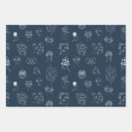 Monster Line Art der Marine Blue and White Lady Geschenkpapier Set