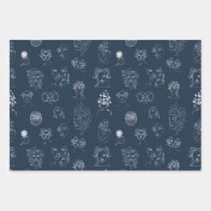 Monster Line Art der Marine Blue and White Lady Geschenkpapier Set