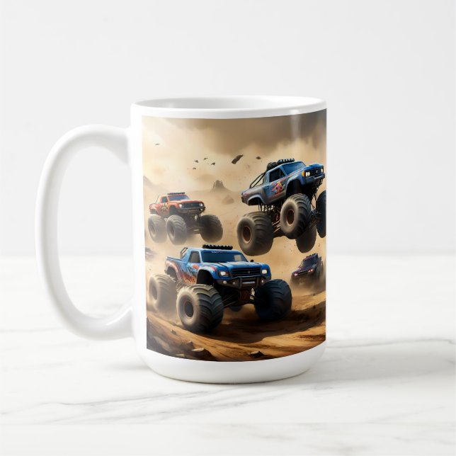 Monster-Lkw, die in der Wüste fahren, Kaffeetasse (Links)