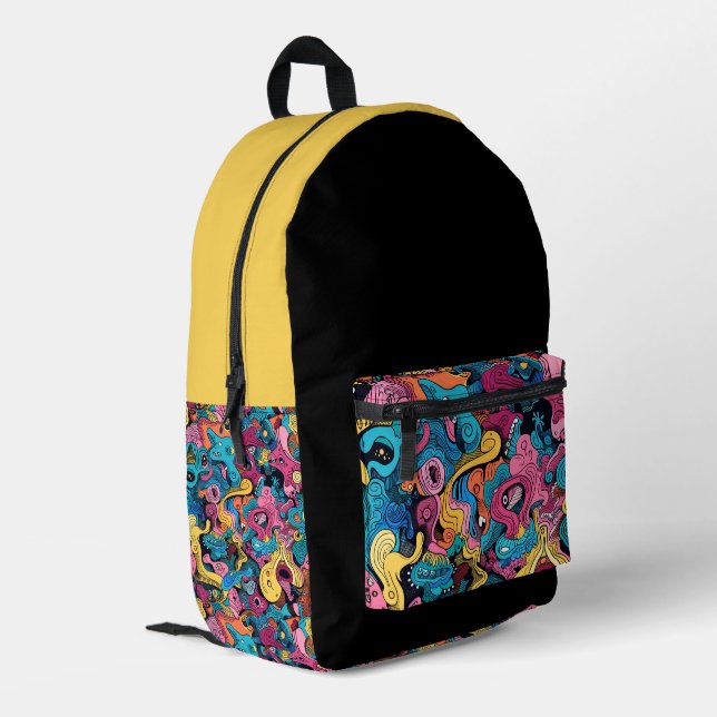 Monster Mash Black und Gold Bedruckter Rucksack (Rückseitige Ecke links)