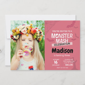 Monster Mash Geburtstag Einladung mit Foto (pink)