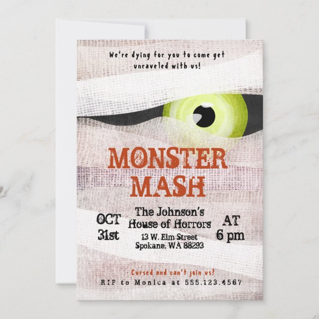 Monster Mash Halloween Bash Mummy Einladung (Vorderseite)
