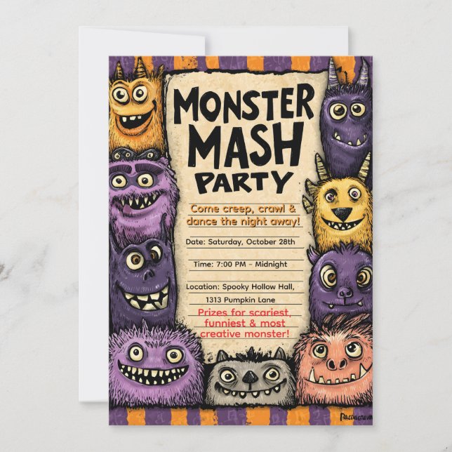 "Monster Mash Party" mit Niedlichen Monstern Einladung (Vorderseite)