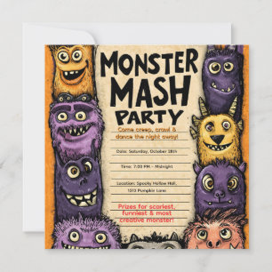 "Monster Mash Party" mit Niedlichen Monstern Einladung