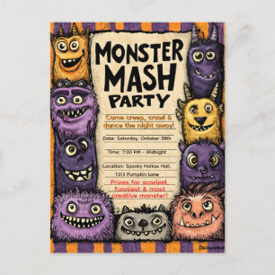 "Monster Mash Party" mit Niedlichen Monstern Einladungspostkarte