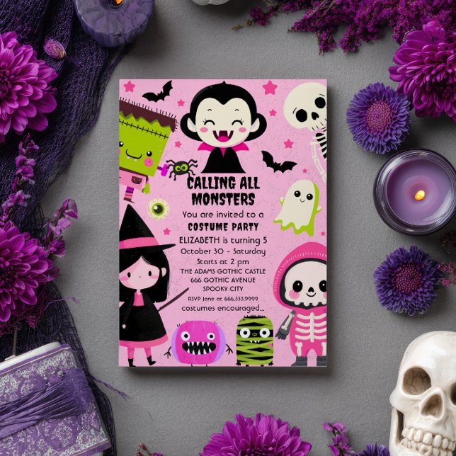 Monster Mash Pink Kids Halloween Party Einladung (Von Creator hochgeladen)