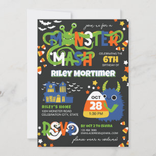 Monster Mash Typografie Junge Halloween Geburtstag Einladung