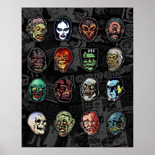 Monster Masken Farbposter - Retro Halloween Poster