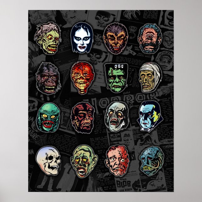 Monster Masken Farbposter - Retro Halloween Poster (Vorne)