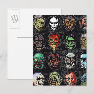 Monster-Masken-Farbspostkarte – Retro-Halloween-Ku Postkarte