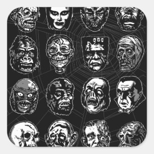 Monster Masks Art Aufkleber S/W – Retro Halloween