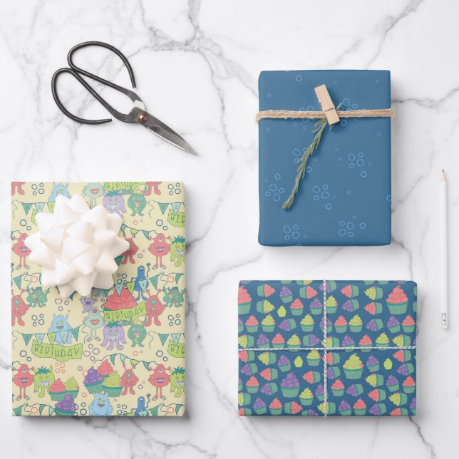 Monster Mayhem Wrapping Paper Flat Sheet Set of 3 Geschenkpapier Set (Vorderseite)