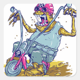 Monster-Motorrad-Radfahrer-Cartoon Quadratischer Aufkleber