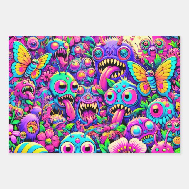 Monster Party Wrapping Paper Geschenkpapier Set (Vorderseite)