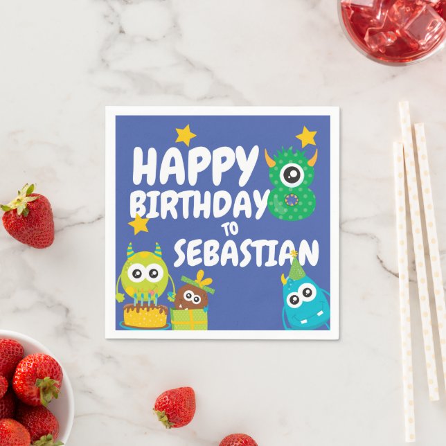 Monster Spaß achtjährig Geburtstag Personalisiert Serviette (Beispiel)