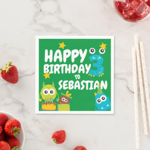 Monster Spaß drei Jahre alt Geburtstag Personalisi Serviette