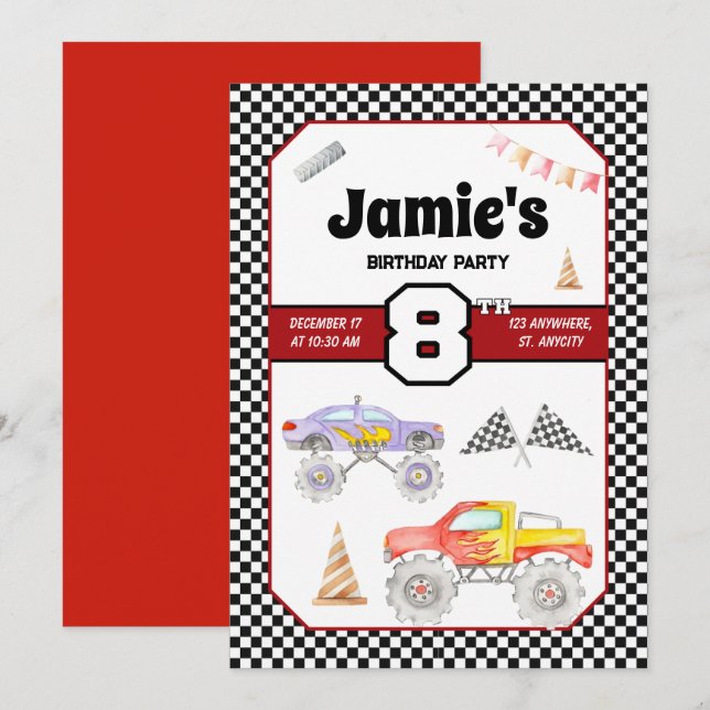 Monster Truck 8. Geburtstag Einladung (Vorne/Hinten)