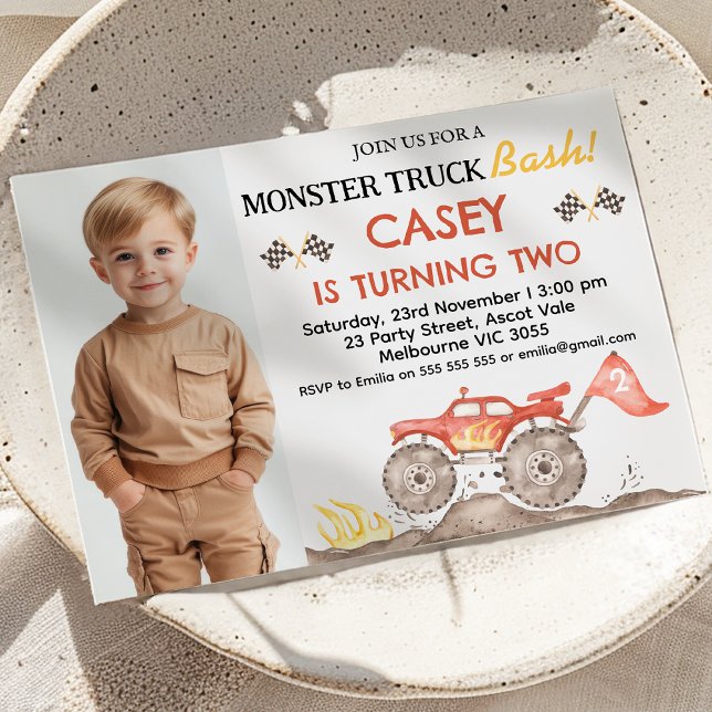 Monster Truck Bash Birthday Modern Red Foto Einladung (Monster Truck Bash Birthday Invitation With Photo, Boys Red Monster Truck Birthday Invite Any Age)
